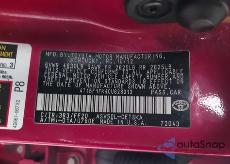 2012 Toyota Camry Se Limited Edition from USA, damaged, VIN 4T1BF1FK4CU628013